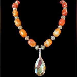 Vintage Carnelian and Crystal Beaded Lavalier Necklace